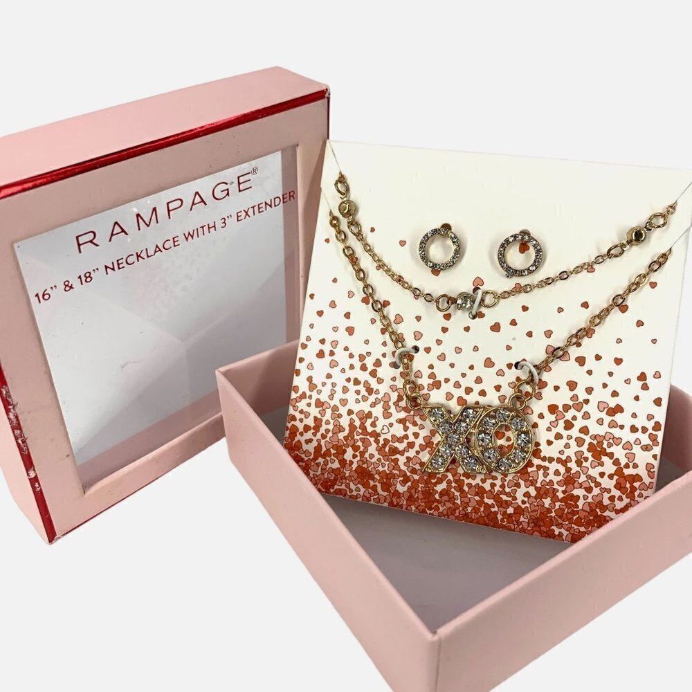 Rampage Xo Double Strand Necklace & Earring Boxed Set Goldtone Rhinestone 16-18